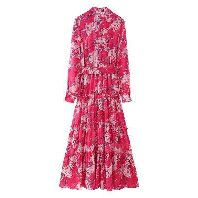 Spring and summer new European and American style women's clothing fashion temperament long sleeved layered belt decoration long dress