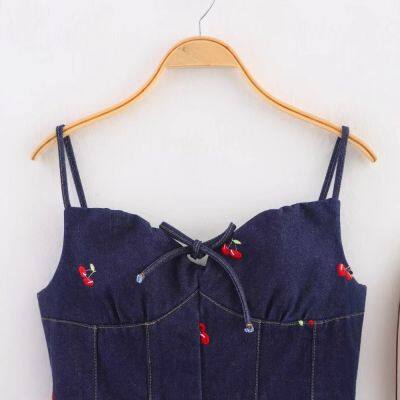 Spring New Product: Cross border Women's Clothing Street Fashion Embroidered Short Washed Cowboy Strap Top from Europe and America