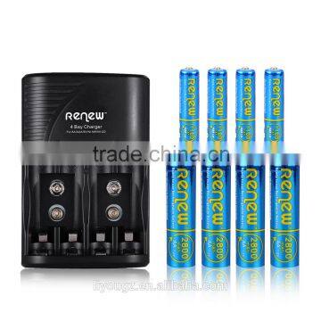 2016 HOT!!! RENEW S2 4Bay Quick Smart AA AAA Battery Charger with 4pcs 2800mAh AA&4pcs 1100mAh AAA Rechargeable Batteries