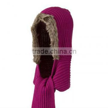 Knit Fur Trim Hooded Scarf