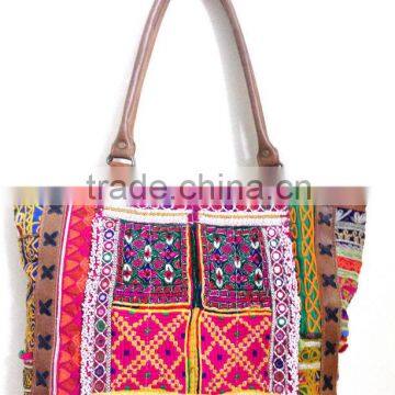 Latest New Fashion women genuine leather handbag shoulder bag with vintage banjara work