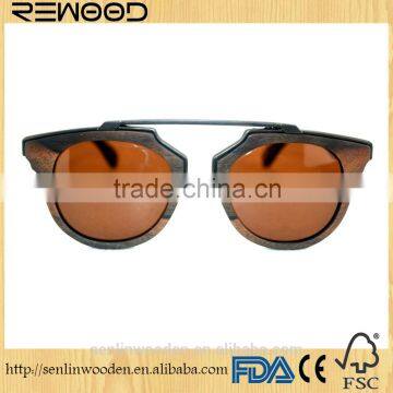 Half Metal Frame Customized Logo Brown UV400 Polarized Brand New Round Ebony Wood Sunglasses