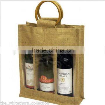 Natural Jute Hessian Wine 3 Bottle Gift Party Bags with windows & cane handles