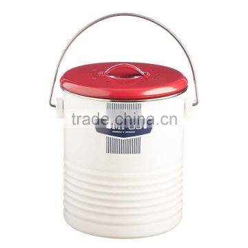 New cream power coated metal compost bin with red lid