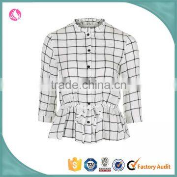 Women clothes latest frill peplum cotton casual checked shirt girl checked shirt design for women