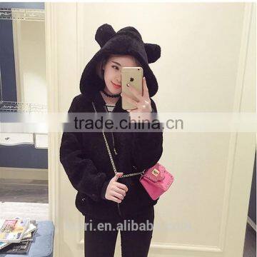 2016 Fashion Lovely Womens Korean Winter Warm Plush Rabbit Ears Hooded Thick Elastic Waist Jacket Ladies Fur Coats photo-3