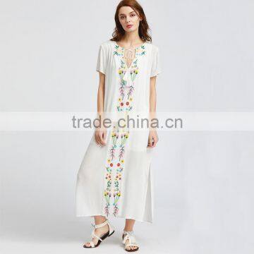 White Short Sleeve Maxi Dress, Women Emboriedered Fashion Mesh Dress photo-3