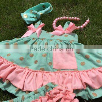 Baby Girls New Kids Clothes Suit Gold Dot Fall Mint Swing Tops Swing Outfits With Matching Necklace and Headband photo-4