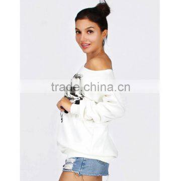Cheap Ladies Street Wear White Asymmetrical Neck Sweatshirt With Pattern photo-4