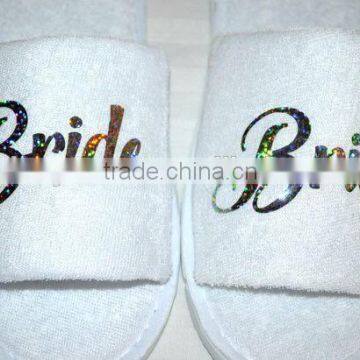 White cotton bride slipper for wedding party bridal slipper with printed logo