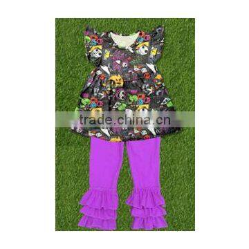 halloween new design clothing set flutter sleeve frocks dress purple ruffle pants party baby girl wear