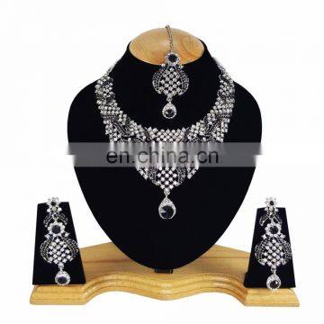 Designer Silver Plated Indian Handmade Party wear Kundan Zerconic Necklace set Black Color