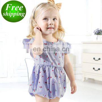 2019 New Flying Sleeve Stripe Baby Jumpsuit Cherry Print Baby Romper For 6m-2t Free Shipping