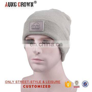 Custom Stripe Beanie With Custom Patch Label Grey Beanie Hats photo-5