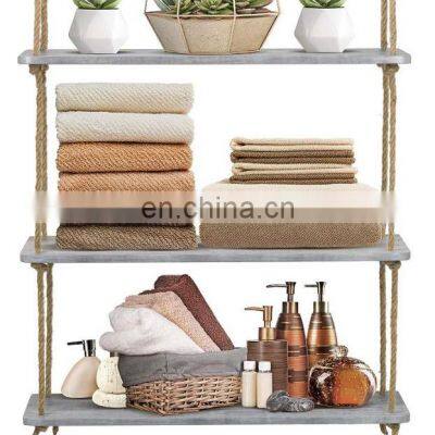 Wood Hanging Shelf 3-Tier Rustic Wood Swing Storage Shelves Jute Rope Organizer Rack