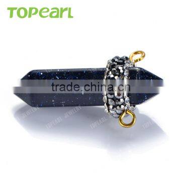 Topearl Jewelry Hexagonal Prism Blue Goldstone Pendant Rhinestones Clay Pave Charm Pendant SPW07