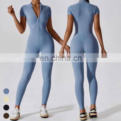 Custom Activewear Quick Dry Breathable Zipper Short sleeve Leggings Jumpsuit Workout Rompers Jumpsuits Playsuits Bodysuits