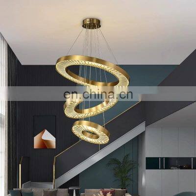 Modern Crystal Pendant Lighting 3 Rings Stainless Steel LED Ceiling Lights Fixtures High Ceiling Foyer Chandelier for Staircase