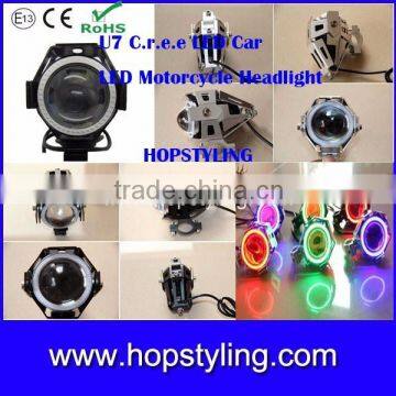 Super bright 3000LM 125W U7 LED Projector Headlights for Motorcycle With COB Angel Eyes,headlight motorcycle