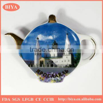 ceramic tea bag holder porcelain souvenir teapot shape tea bag holder with custom design decal golden famous scenic spot print