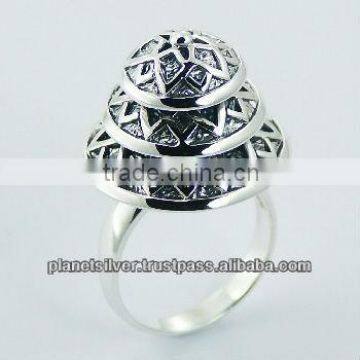 Antiqued Polished Sterling Silver Rounded Cone Ring Triangular Flowers