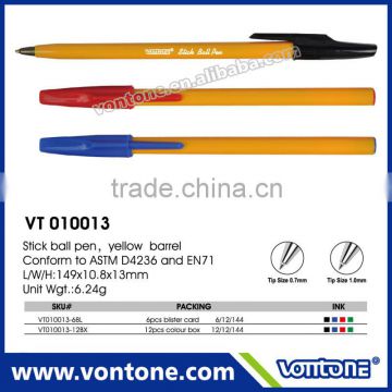 Hot sale cheap yellow barrel plastic stick pen bic style ball pen for promotion