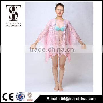 2016 new lace style summer pink color sexy cardigan beach blouse for lady