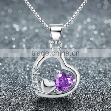 SCI086 double heart love sterling silver pendant with purple crystal