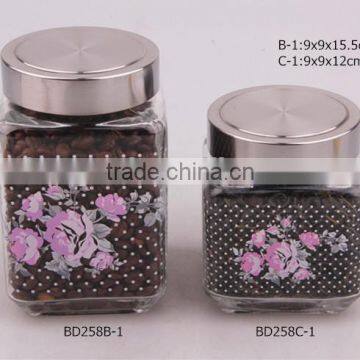 Square Glass Jar With Decal and Metal Lid