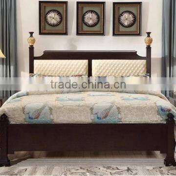 Chinese style bedroom furniture solid wood double bed with fabric upholstered bedboard