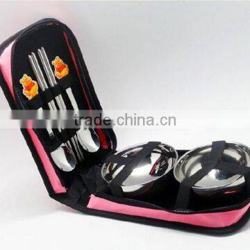 stainless steel travel cutlery set with spoon, fork, chopsticks, bowls and bag