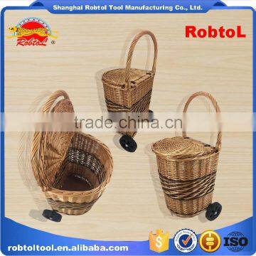 Unique Vintage Willow Weaved Woven Wicker Shopping Trolley Wheels Basket Cart