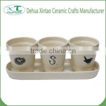 Set of 3 Simple White Glazed Ceramic Flower Pot with Saucer