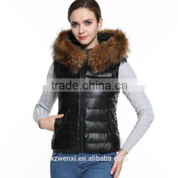 2016 new latest design fashion winter warm lady pu leather with faux fur hat fake down vest