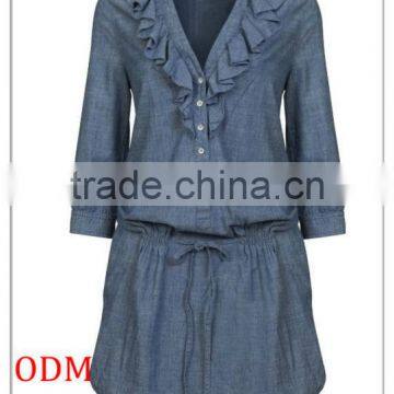 Lady Top Fashion Long Sleeve V-Neck Jeans Denim Dress