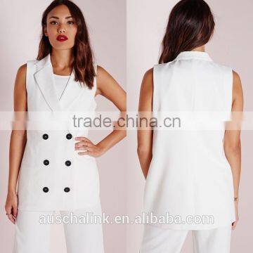 Women Fancy White Sleeveless Double Breasted Slim Fit Blazer photo-6