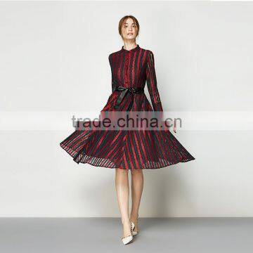Stylish Women's Black Long Sleeve Striped Pattern Lace Long Patchwork Party Long Dress photo-2