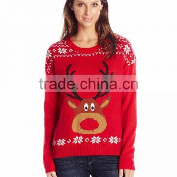 Women Red Sweater Reindeer Head Pattern Christmas Pullover