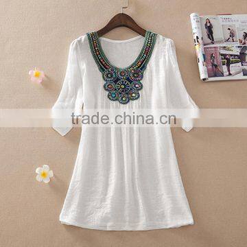 Hotsale O-neck Printed Retro Vintage Bohemian Loose Casual Chiffon Shirts Blouse Top Clothing for Women photo-4