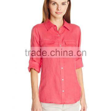 red Roll-Sleeve Top button tab two pocket flaps work shirt