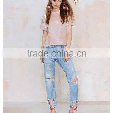 Ladies Pink Short Sleeve Loose European Style Fashion Paillette t Shirt photo-3