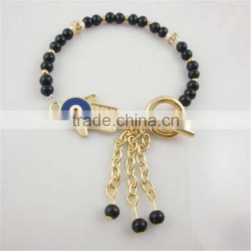 Gold Fatima Hand Evil Eye Bracelet Black Tassel Chain Beaded OT Clasp Bracelet