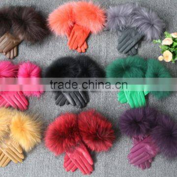 Modern Style Beautiful Design Colorful Raccoon Fur Cuff Genuine Leather Glove Gor Women