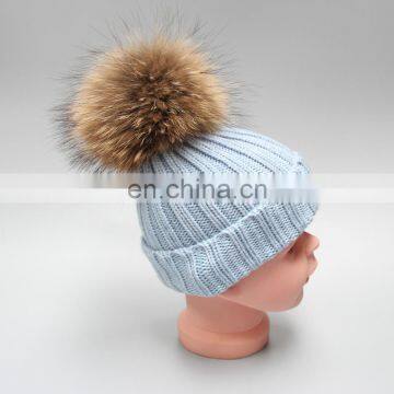 Winter wholesale kids poms hat children hat with high quality raccoon poms