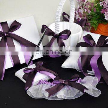 2016 Romantic Purple Ribbon Decoration wedding guest book /pen holder/ring pillow/flower basket set