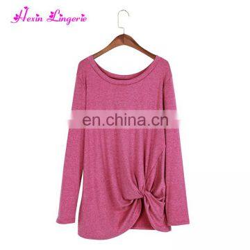 Solid Rose Red Irregular Knot Fashion Ladies Long Sleeve Women Top and Blouses photo-3