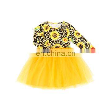 Newest Design Sunflower Printed And Yellow 2 Layers Veil Dress Party Wear Long Sleeve O-Neck Pattern Fancy  For Baby Girl