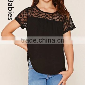 New fashion girls tops 2016 black short sleeves embroidery knit top                        
                                                                                Supplier's Choice