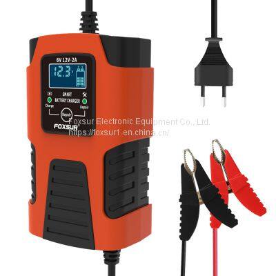 FOXSUR 6V& 12V 2A Battery Chargers for Cars, Motorcycles, ATVs, Lawn Mower and More Input voltage: 100-240V AC