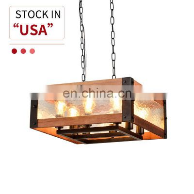 HUAYI Vintage Design Iron Glass E26 Chandelier Indoor Living Room Moden Wood Pendant Light